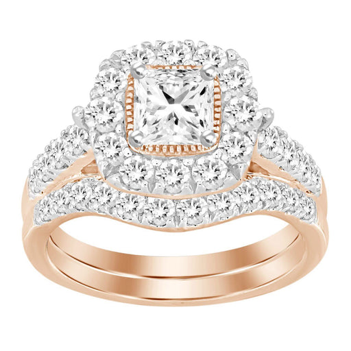 LADIES BRIDAL RING SET 2 CT ROUND/PRINCESS DIAMOND 14K ROSE GOLD