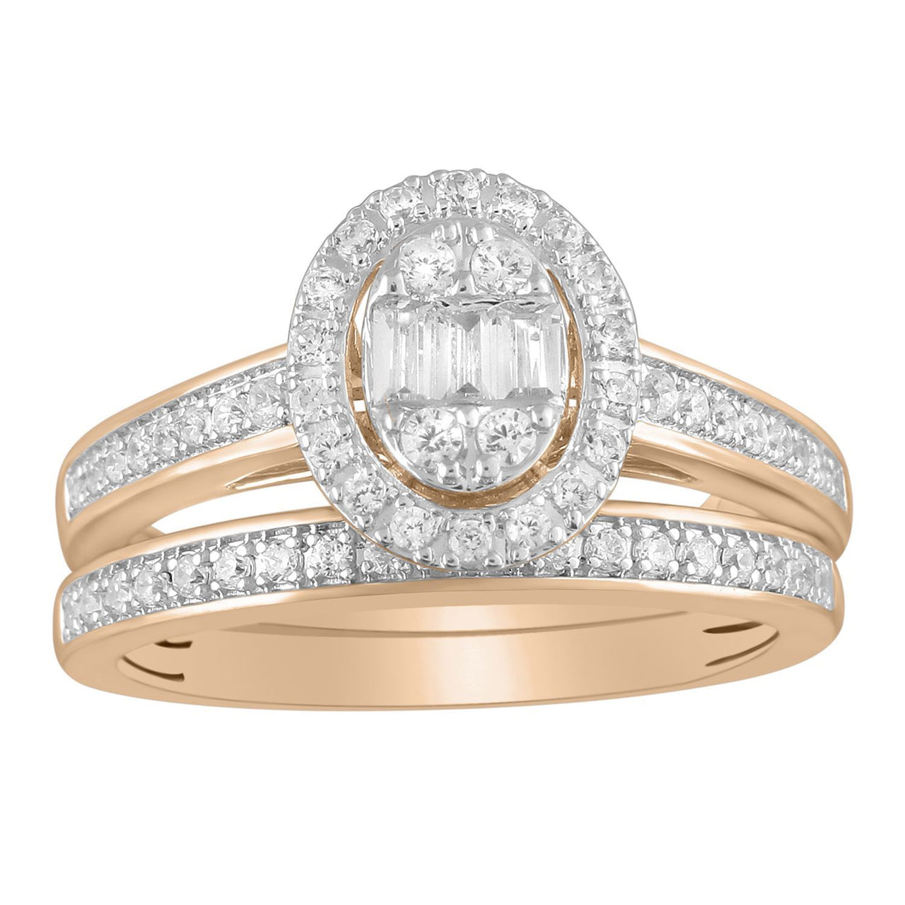 LADIES RING 1/2 CT ROUND/BAGUETTE DIAMOND 14K ROSE GOLD