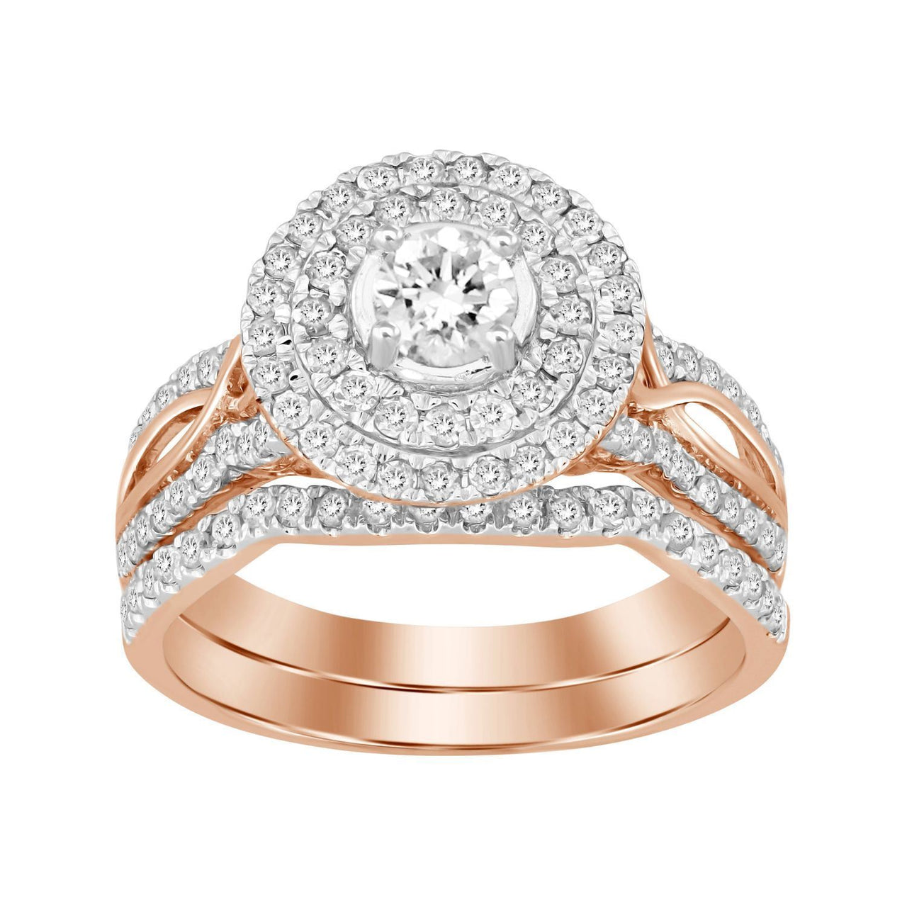 LADIES BRIDAL RING SET 1 CT ROUND DIAMOND 14K ROSE GOLD