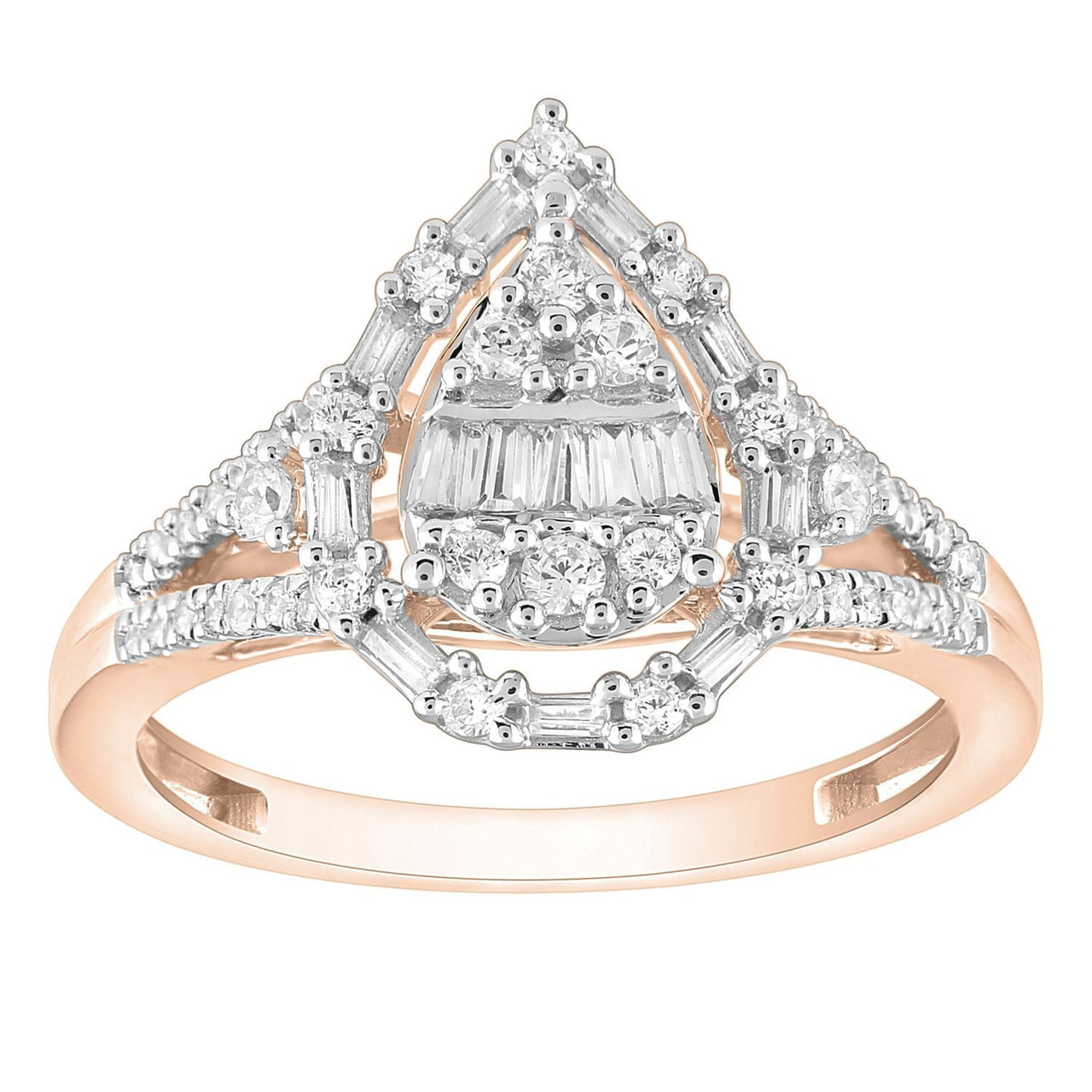 LADIES RING 1/2 CT ROUND/BAGUETTE DIAMOND 10K ROSE GOLD