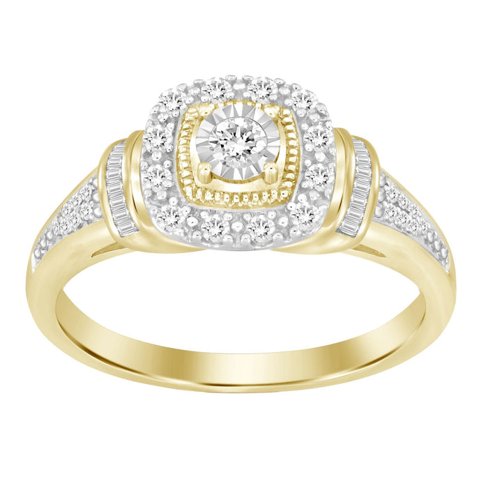 LADIES RING 1/4 CT ROUND/BAGUETTE DIAMOND 10K YELLOW GOLD