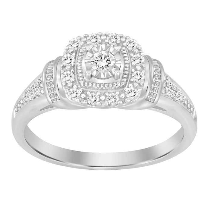 LADIES RING 1/4 CT ROUND/BAGUETTE DIAMOND 10K WHITE GOLD