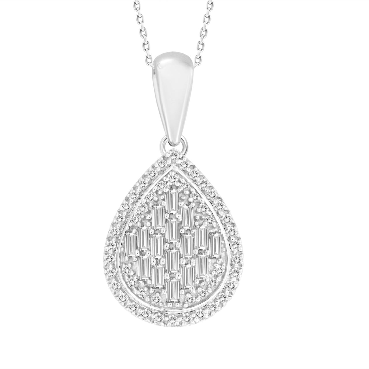 LADIES PENDANT 1/3 CT ROUND/BAGUETTE DIAMOND 10K WHITE GOLD