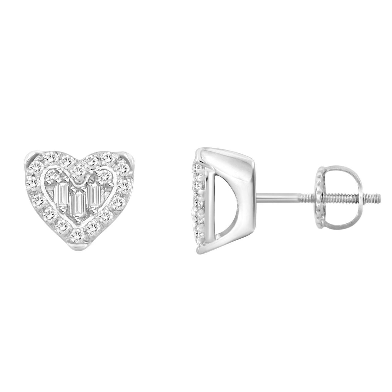 LADIES EARRING 1/6 CT ROUND/BAGUETTE DIAMOND 10K WHITE GOLD