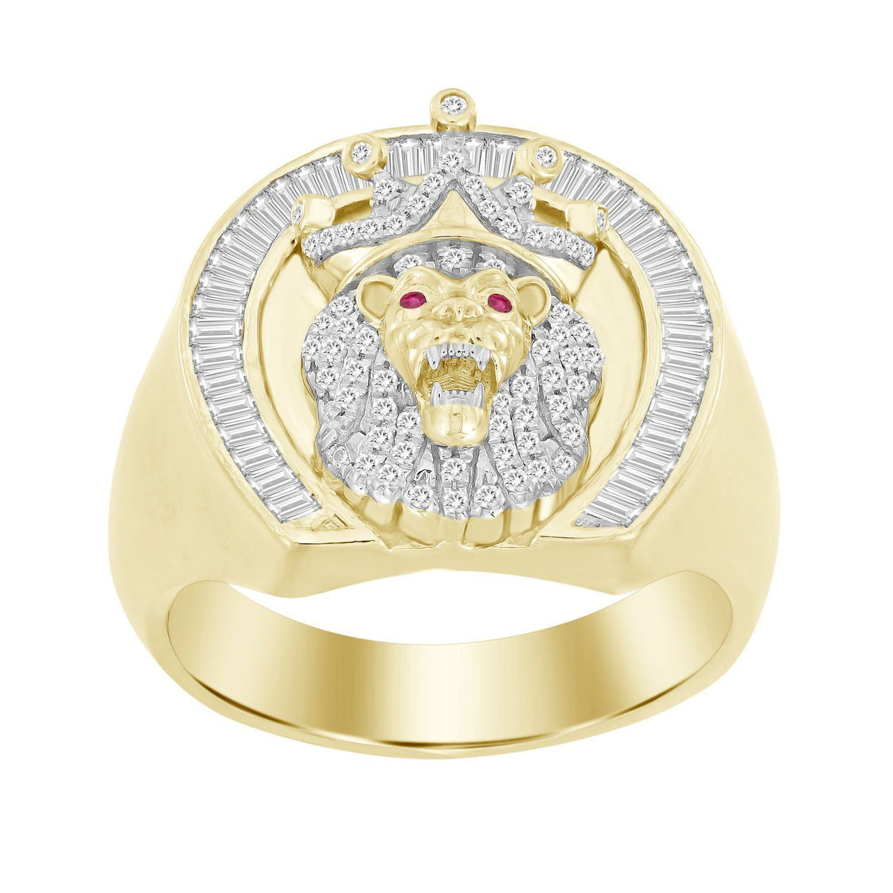 MEN'S RING 1/2 CT ROUND/BAGUETTE/RUBY DIAMOND 10K YELLOW GOLD