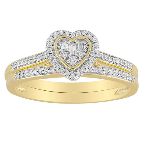 LADIES BRIDAL RING SET 1/6 CT ROUND/BAGUETTE DIAMOND 10K YELLOW GOLD