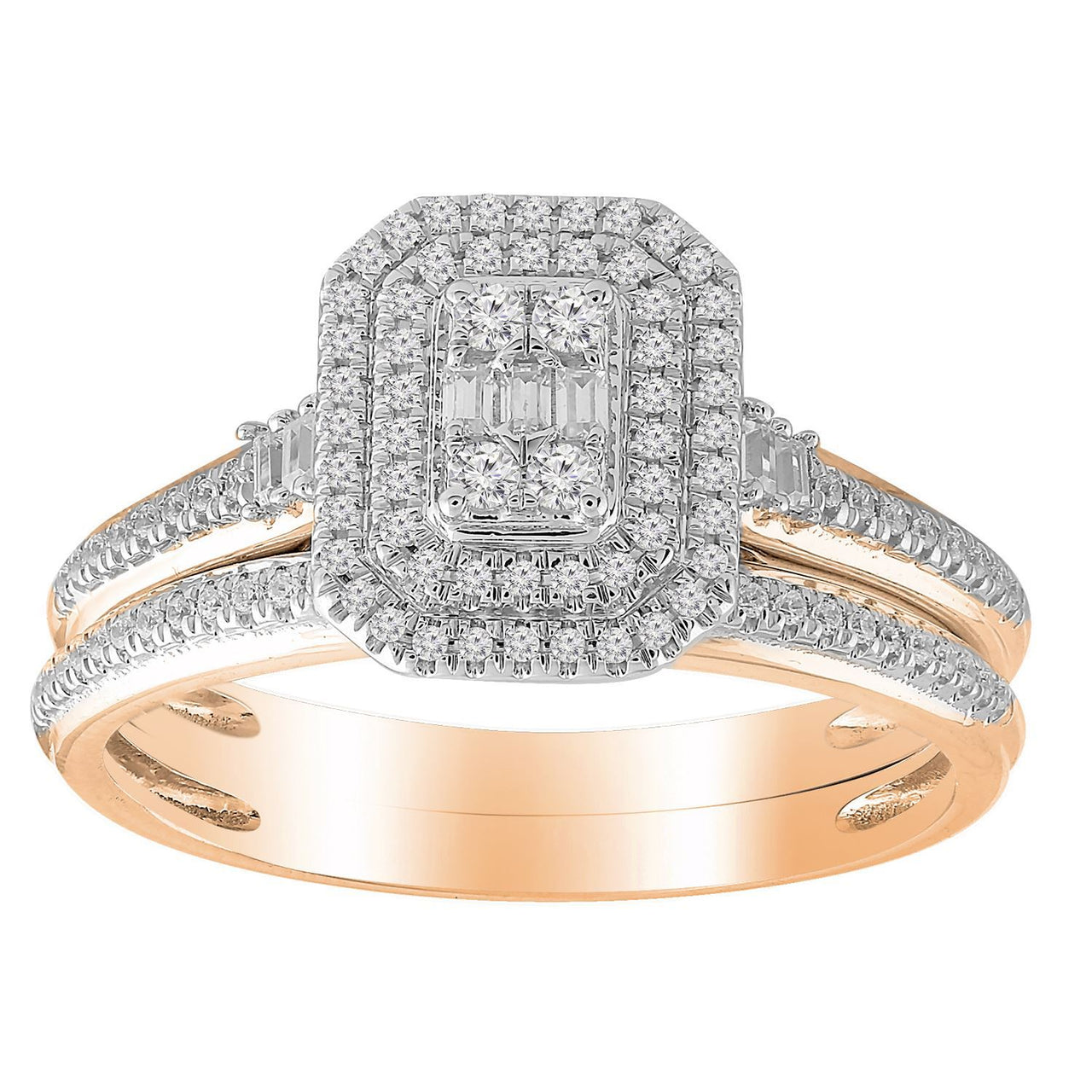 LADIES BRIDAL RING SET 1/3 CT ROUND/BAGUETTE DIAMOND 10K ROSE GOLD
