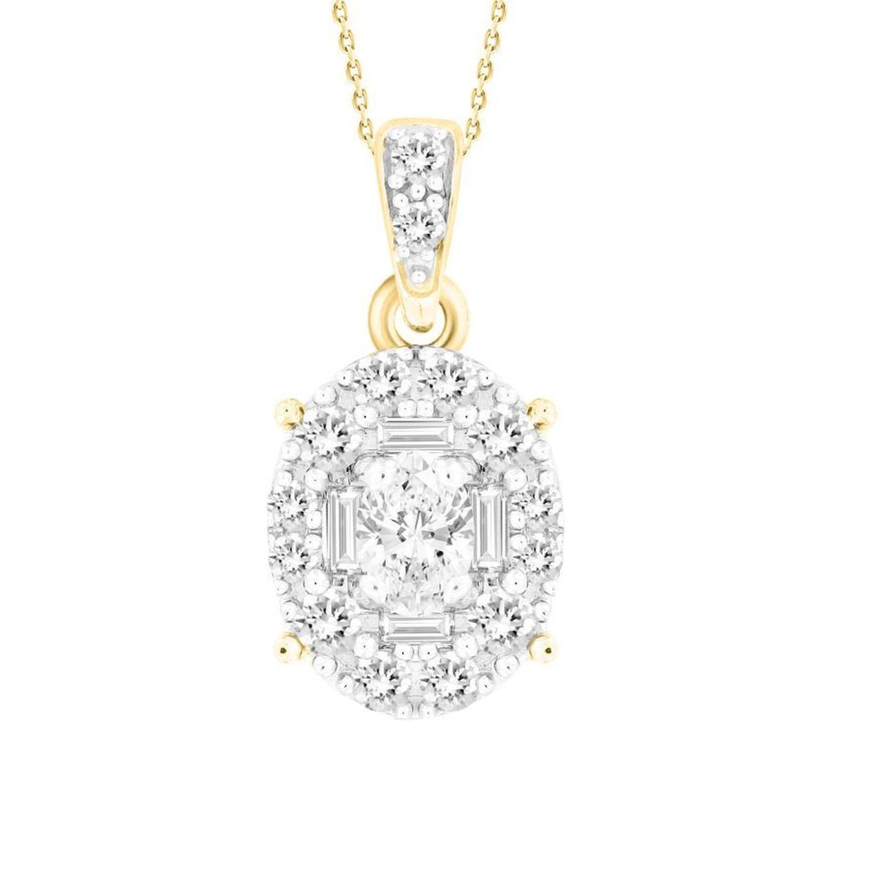 LADIES PENDANT 3/8 CT ROUND/BAGUETTE/OVAL DIAMOND 10K YELLOW GOLD