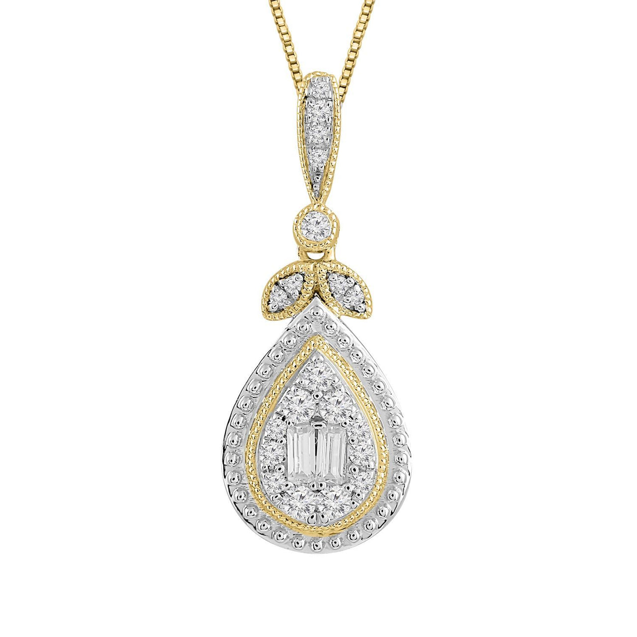 LADIES PENDANT 1/6 CT ROUND/BAGUETTE DIAMOND 10K YELLOW GOLD