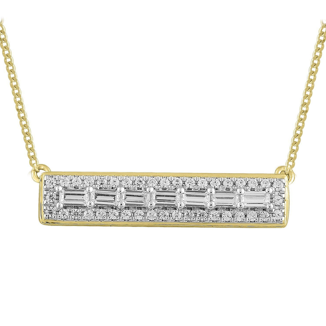 LADIES NECKLACE 1/4 CT ROUND/BAGUETTE DIAMOND 10K YELLOW GOLD