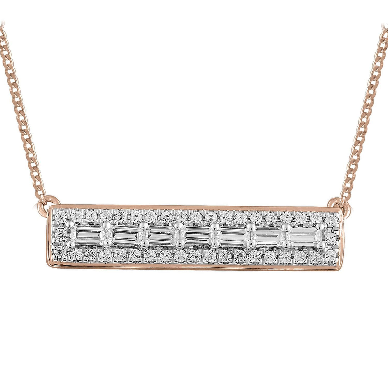 LADIES NECKLACE 1/4 CT ROUND/BAGUETTE DIAMOND 10K ROSE GOLD