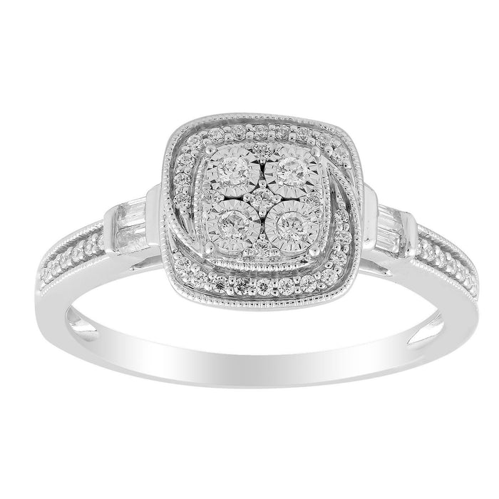 LADIES RING 1/4 CT ROUND/BAGUETTE DIAMOND 10K WHITE GOLD