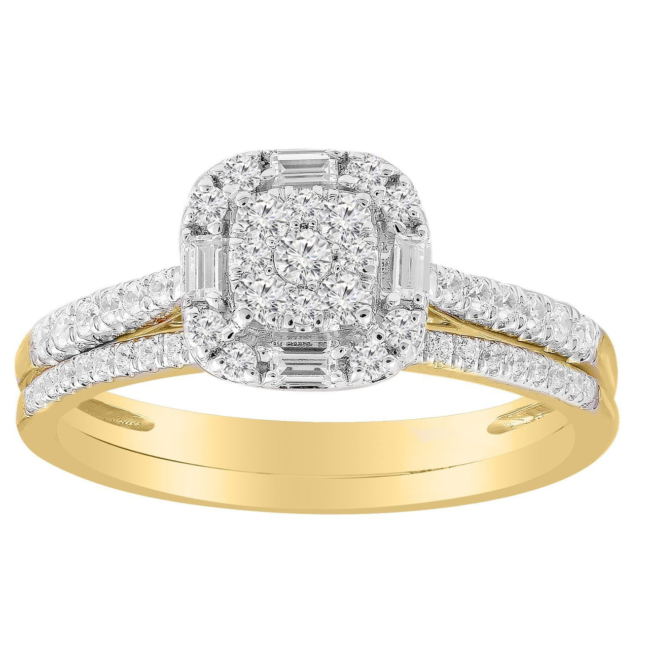 LADIES BRIDAL RING SET 1/2 CT ROUND/BAGUETTE DIAMOND 10K YELLOW GOLD