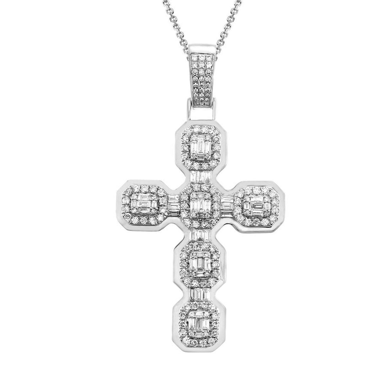 MEN'S CROSS 3 1/4 CT ROUND/BAGUETTE DIAMOND 14K WHITE GOLD