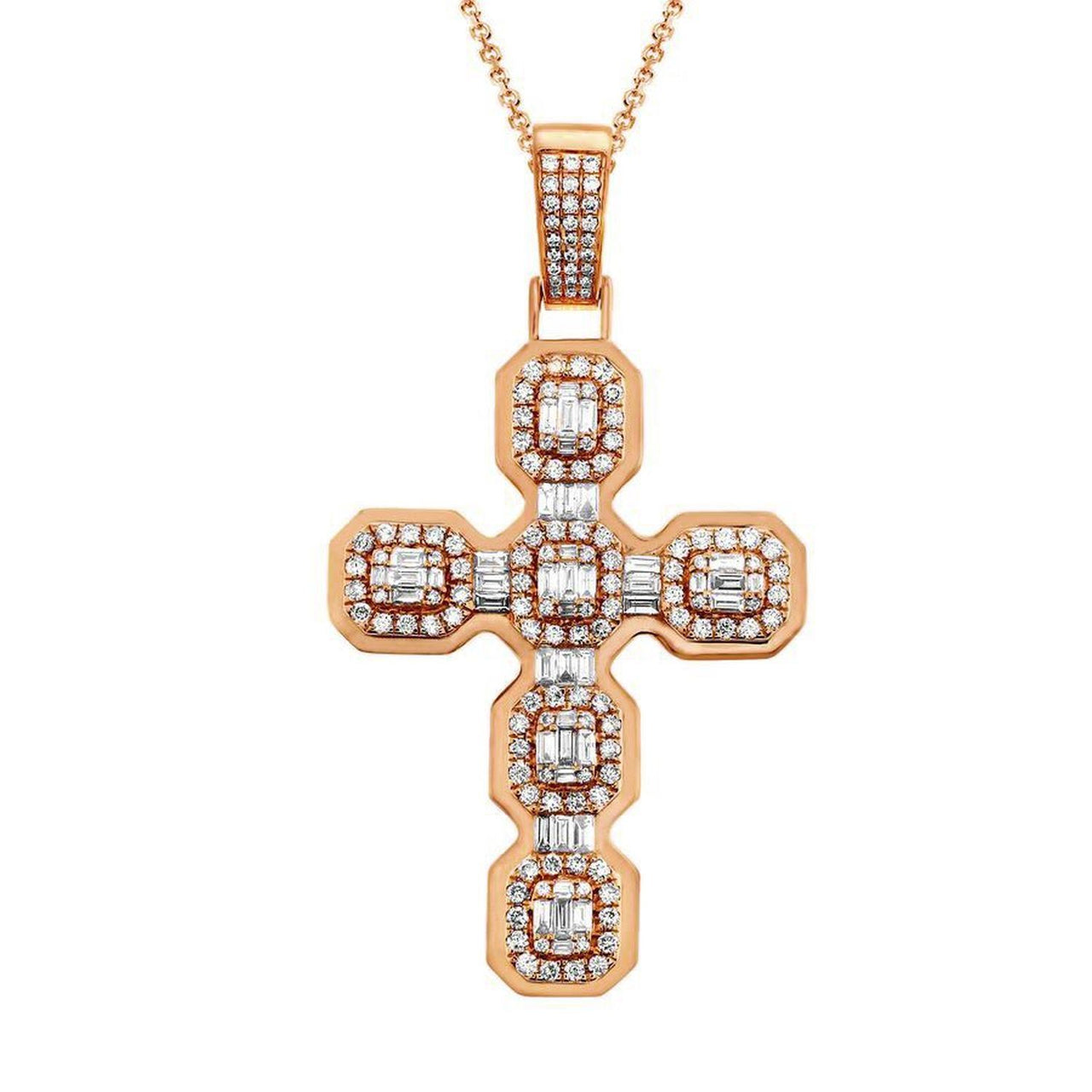 MEN'S CROSS 3 1/4 CT ROUND/BAGUETTE DIAMOND 14K ROSE GOLD