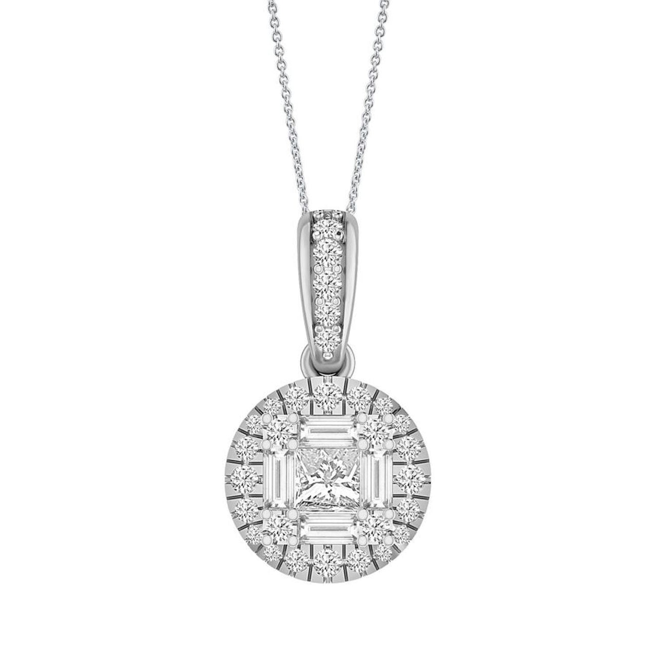 LADIES PENDANT 1/2 CT ROUND/BAGUETTE/PRINCESS DIAMOND 10K WHITE GOLD