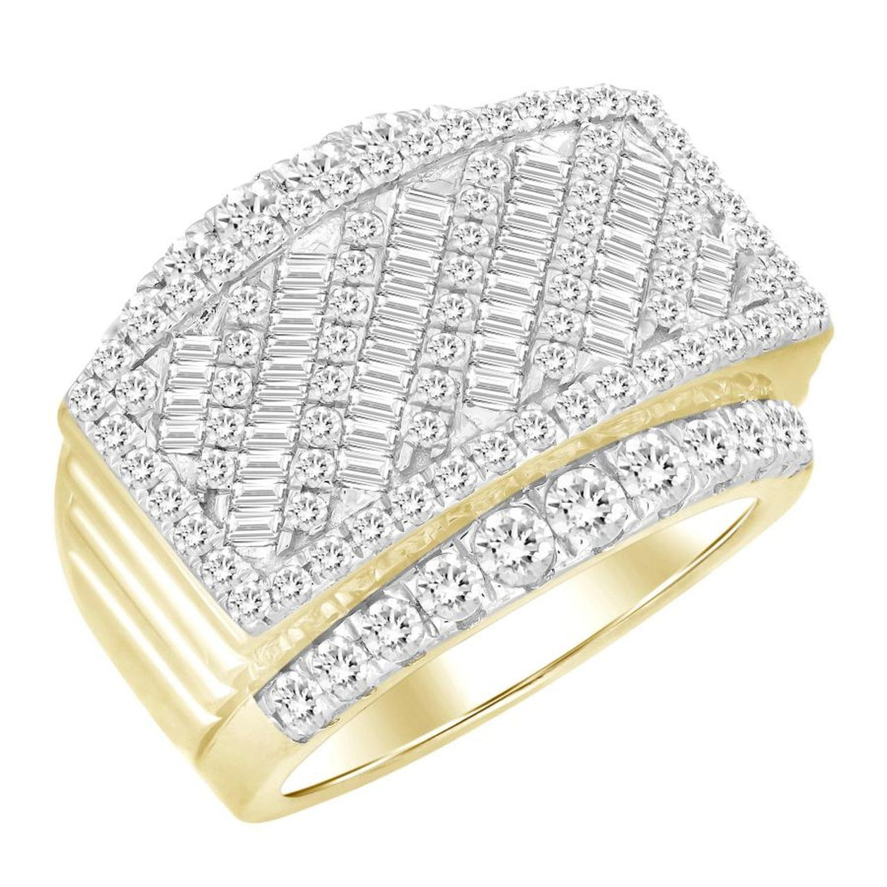 MEN'S RING 3 CT ROUND/BAGUETTE DIAMOND 14K YELLOW GOLD