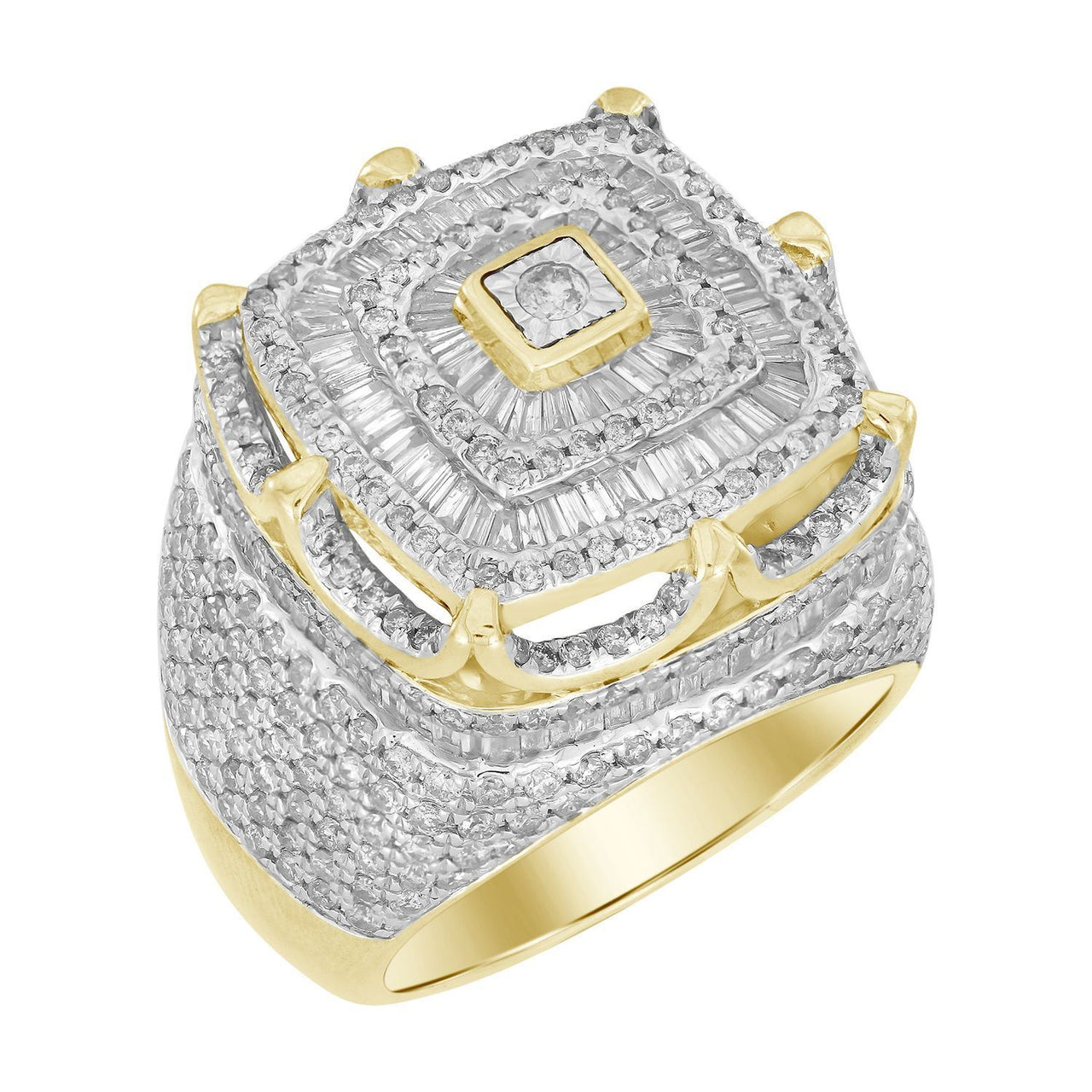 MEN'S RING 4 1/6 CT ROUND/BAGUETTE DIAMOND 10K YELLOW GOLD