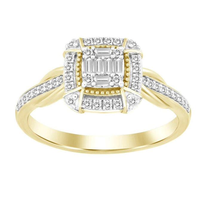 LADIES RING 1/4 CT ROUND/BAGUETTE DIAMOND 10K YELLOW GOLD