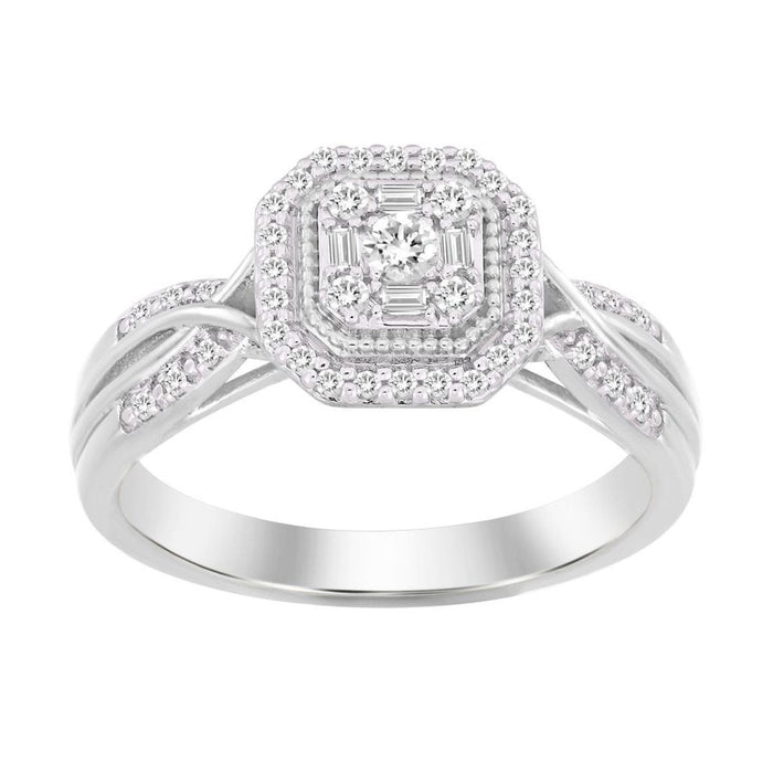 LADIES RING 1/4 CT ROUND/BAGUETTE DIAMOND 10K WHITE GOLD