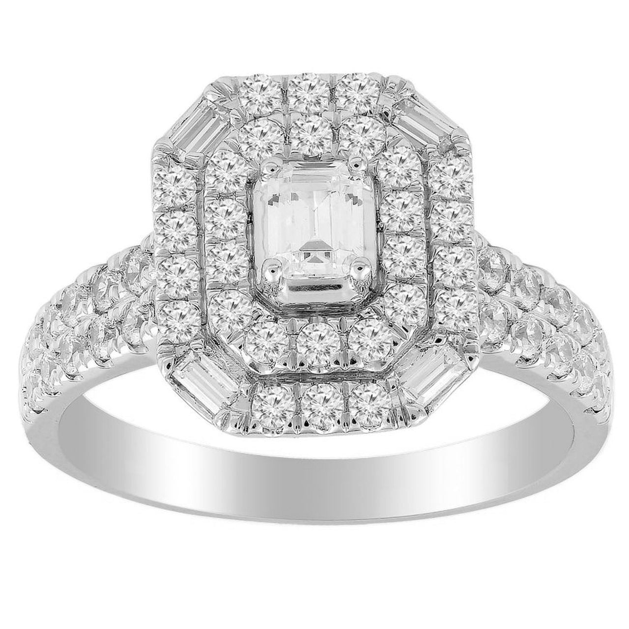 LADIES RING 1 CT ROUND/BAGUETTE/EMERALD DIAMOND 14K WHITE GOLD