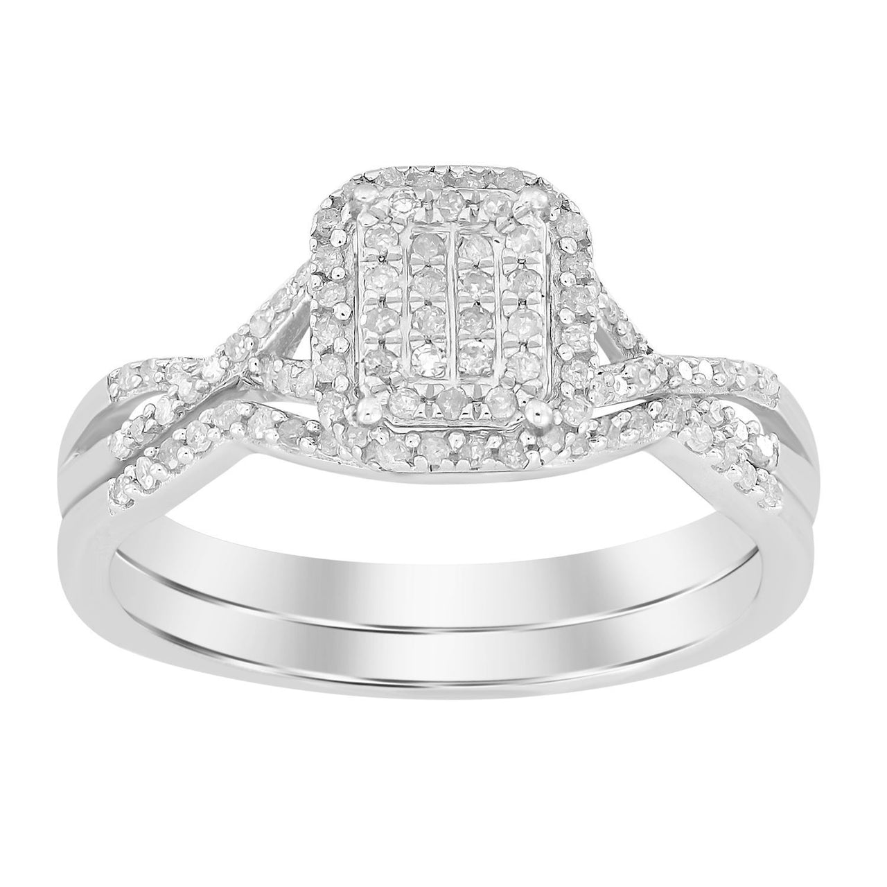 LADIES BRIDAL RING SET 1/4 CT ROUND DIAMOND SILVER WHITE GOLD
