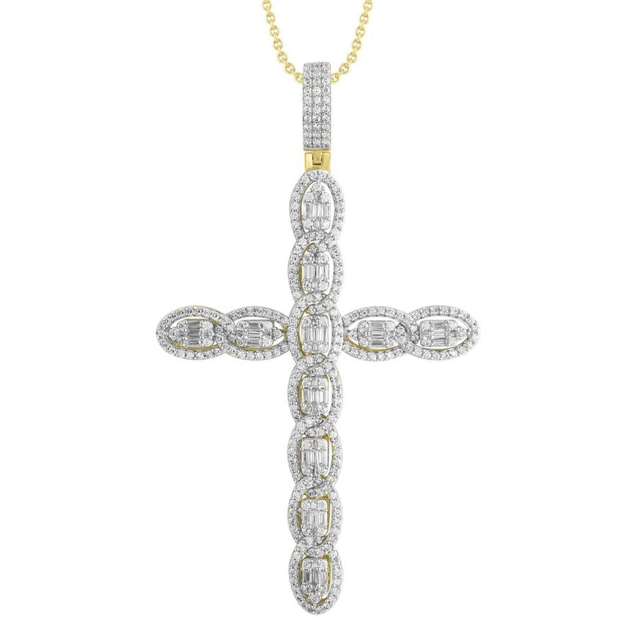 MEN'S CROSS 3 1/2 CT ROUND/BAGUETTE DIAMOND 14K YELLOW GOLD