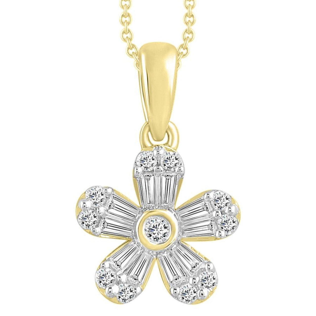 LADIES PENDANT 1/4 CT ROUND/BAGUETTE DIAMOND 10K YELLOW GOLD