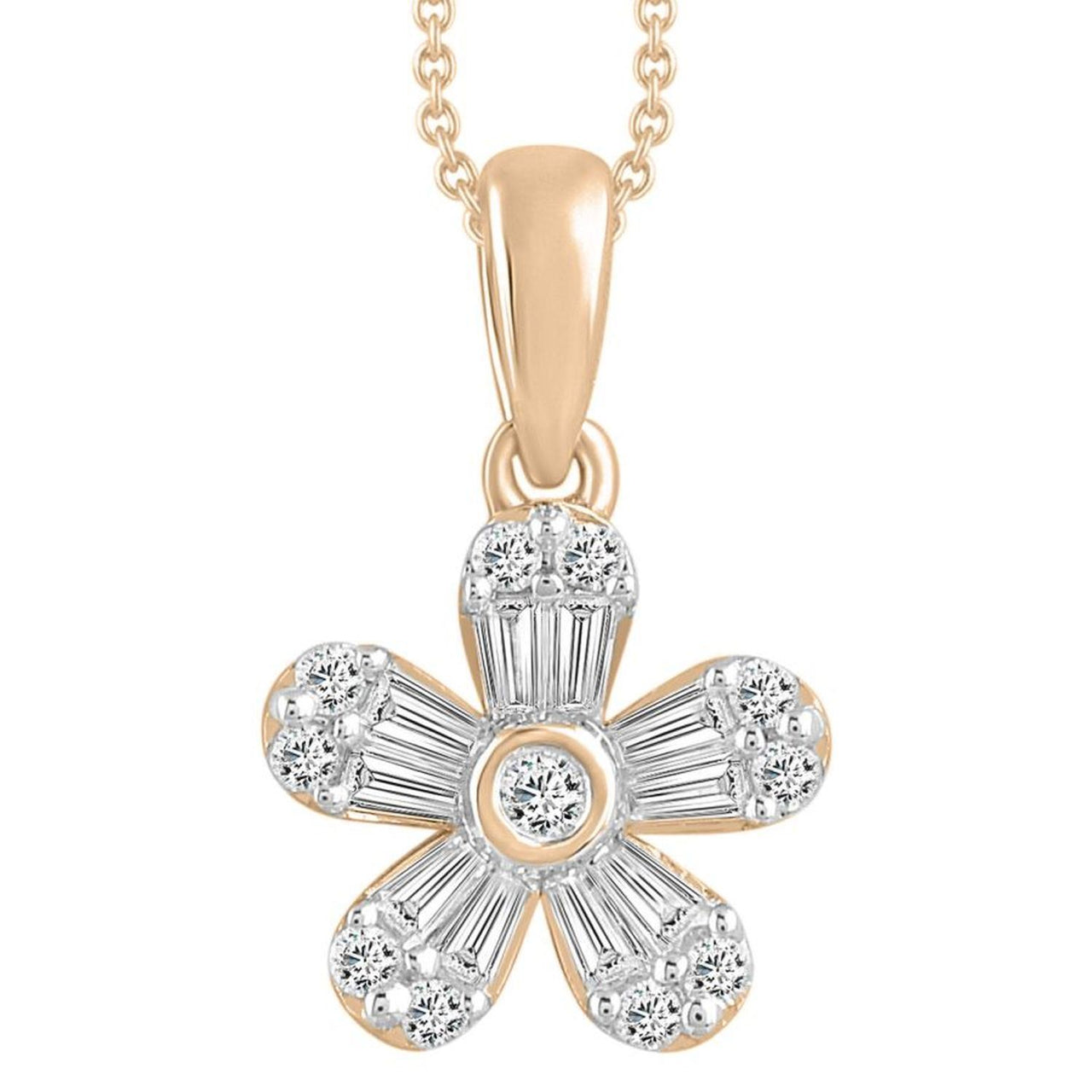 LADIES PENDANT 1/4 CT ROUND/BAGUETTE DIAMOND 10K ROSE GOLD