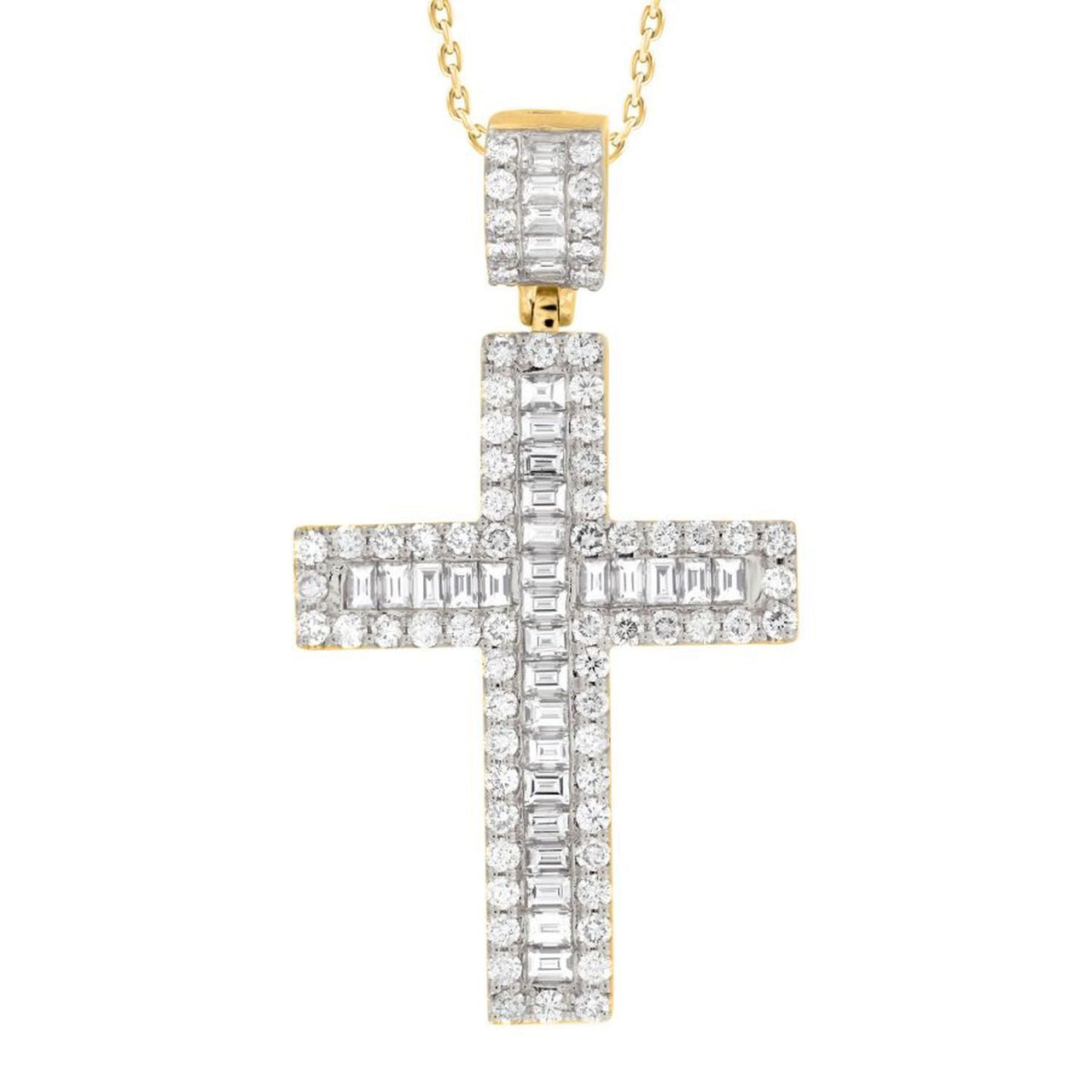 MEN'S CROSS 5 CT ROUND/BAGUETTE DIAMOND 14K YELLOW GOLD