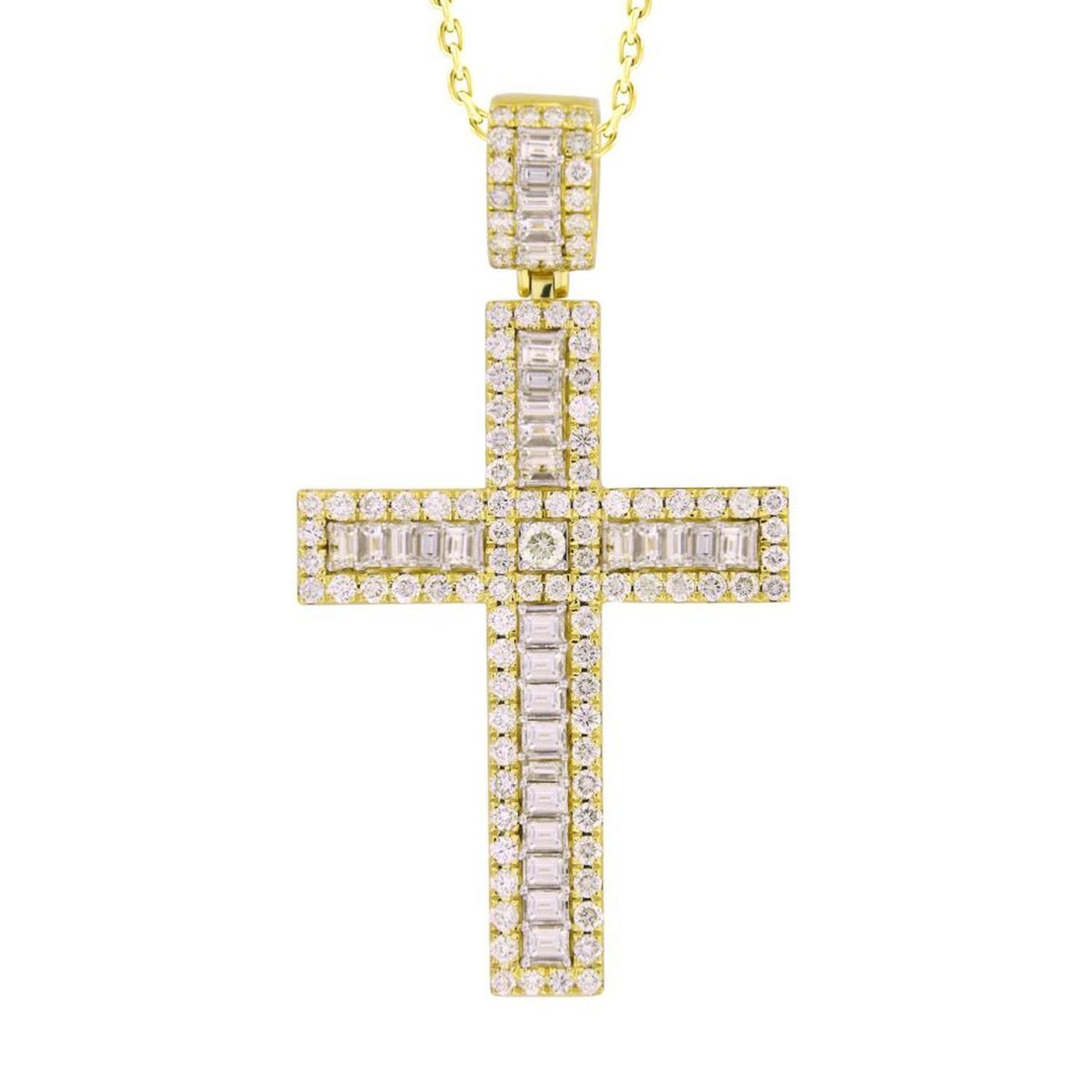 MEN'S CROSS 5 3/8 CT ROUND/BAGUETTE DIAMOND 14K YELLOW GOLD