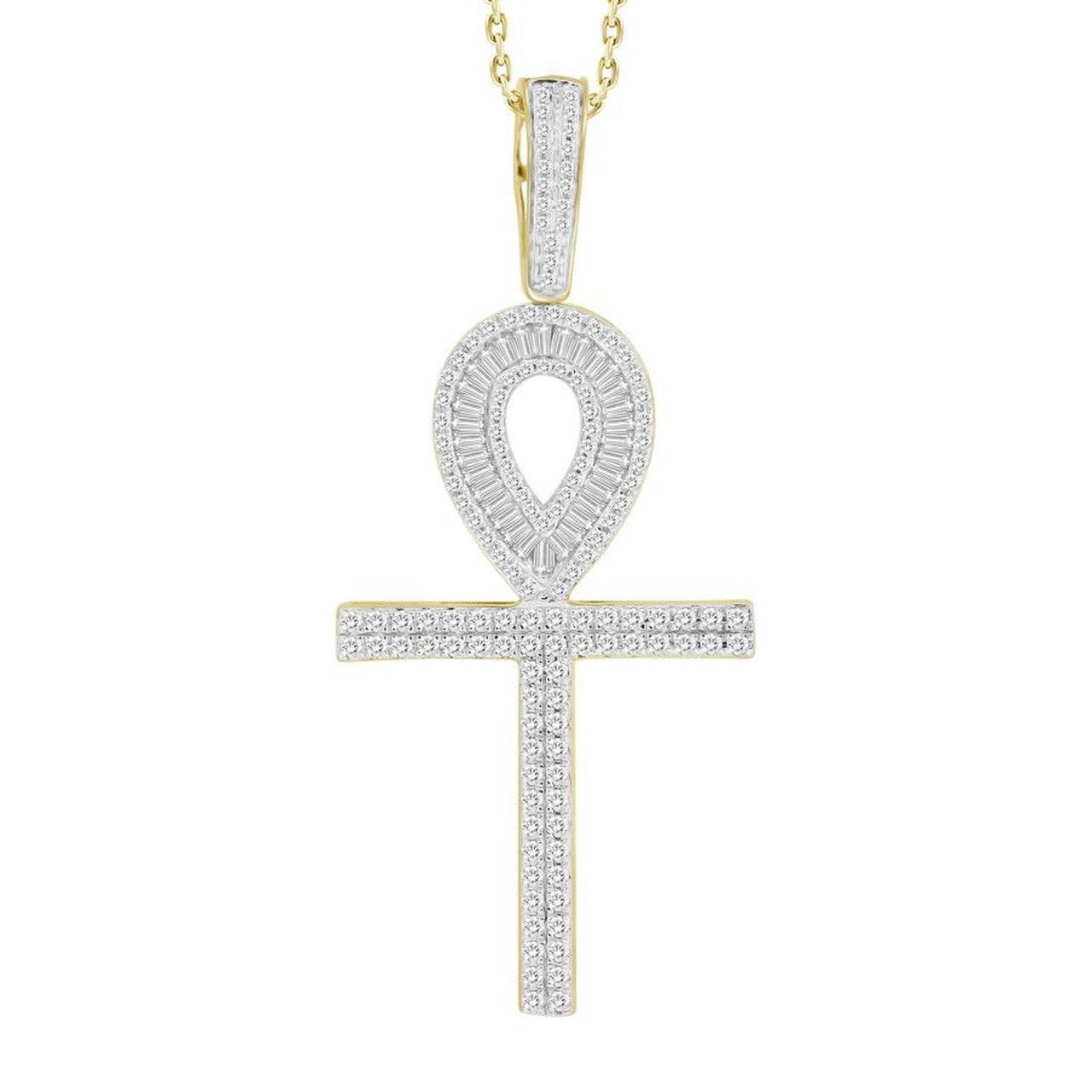 MEN'S CROSS 1 CT ROUND/BAGUETTE DIAMOND 14K YELLOW GOLD
