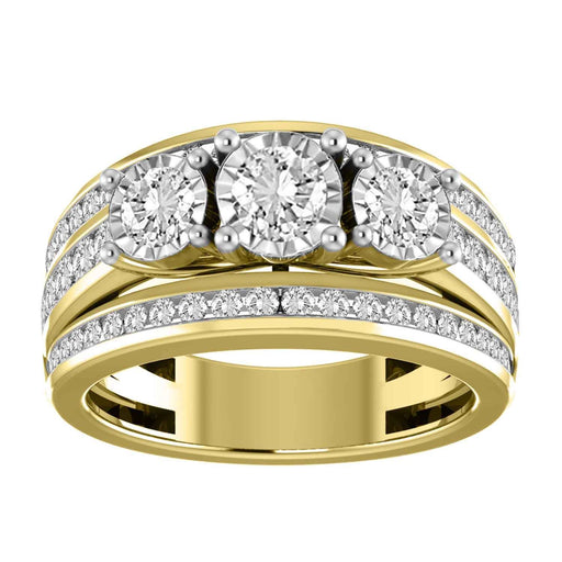 LADIES 3-STONE RING 1 1/2 CT ROUND DIAMOND 14K YELLOW GOLD