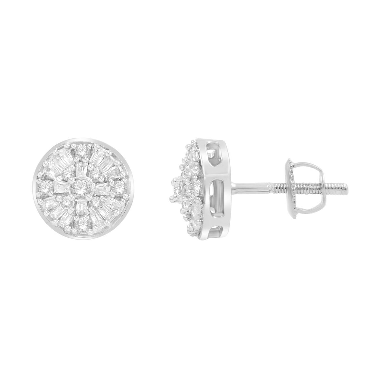 UNISEX EARRINGS 3/8 CT ROUND/BAGUETTE  DIAMOND 10K WHITE GOLD