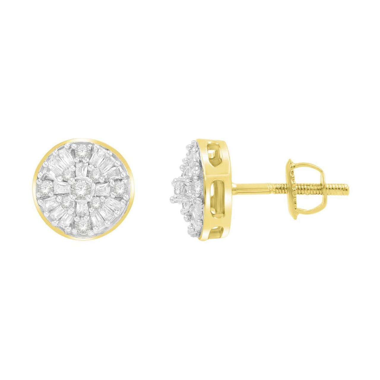 UNISEX EARRINGS 3/8 CT ROUND/BAGUETTE  DIAMOND 10K YELLOW GOLD