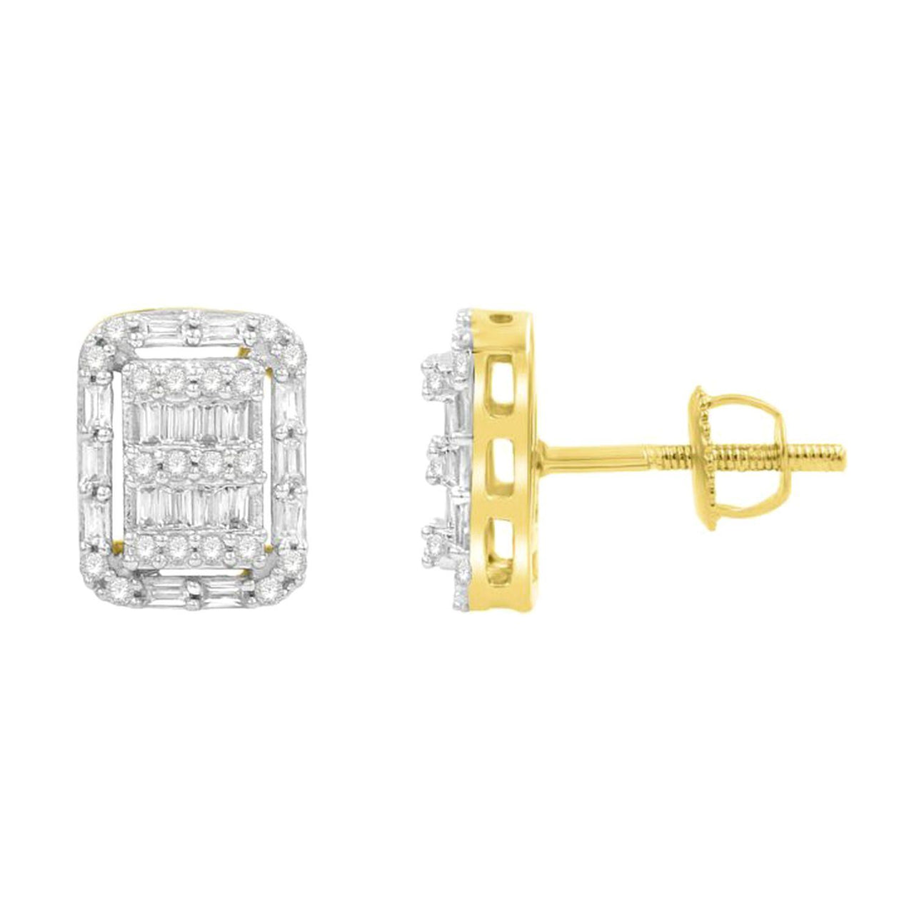UNISEX EARRINGS 1/2 CT ROUND/BAGUETTE  DIAMOND 10K YELLOW GOLD