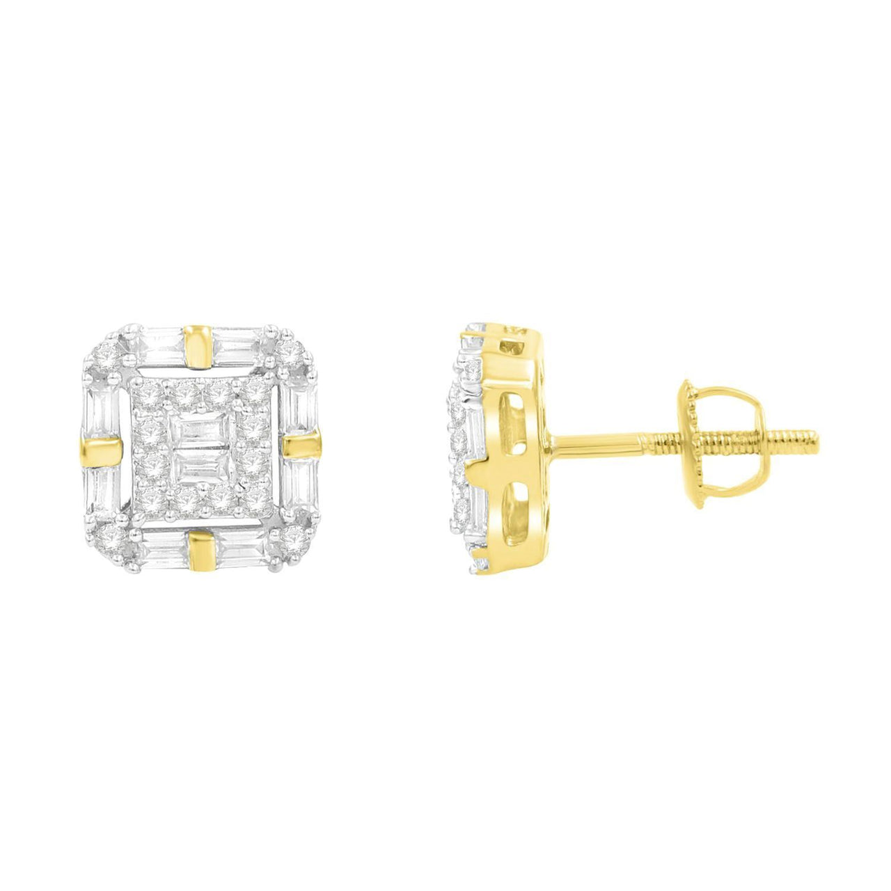 UNISEX EARRINGS 1/2 CT ROUND/BAGUETTE  DIAMOND 10K YELLOW GOLD