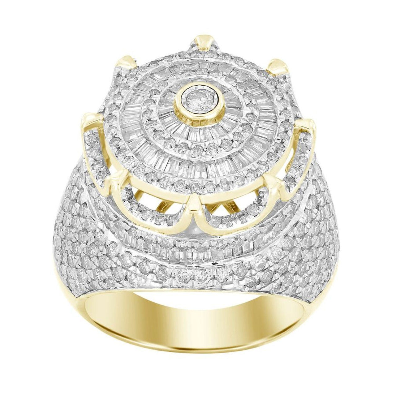 MEN'S RING 4 1/6 CT ROUND/BAGUETTE DIAMOND 10K YELLOW GOLD