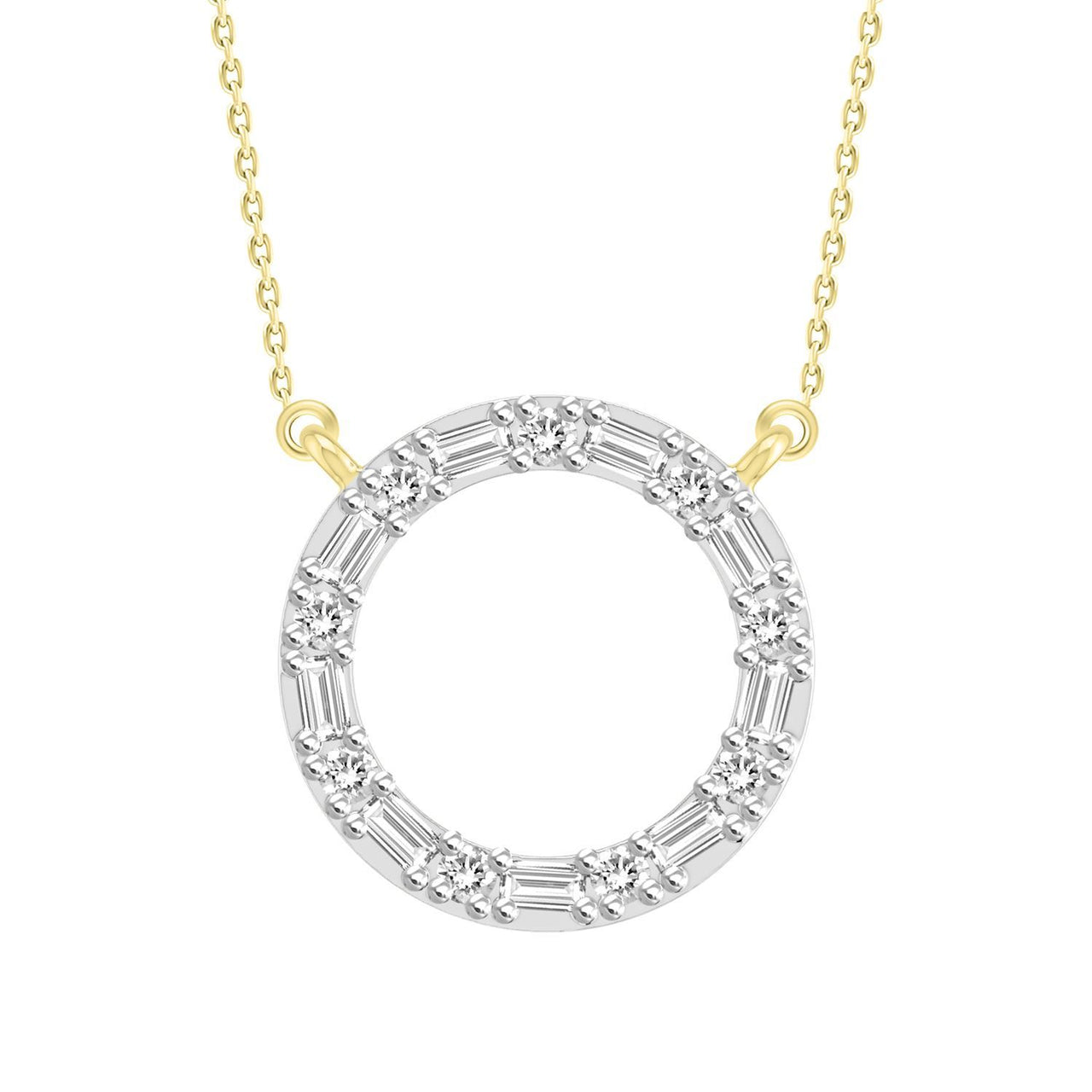 LADIES NECKLACE 1/10 CT ROUND/BAGUETTE DIAMOND 10K YELLOW GOLD