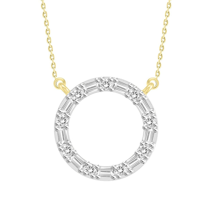 LADIES NECKLACE 1/10 CT ROUND/BAGUETTE DIAMOND 10K YELLOW GOLD