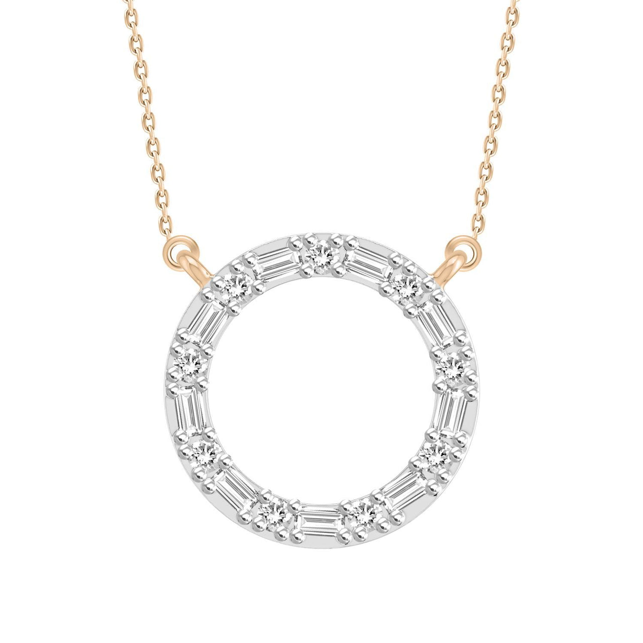 LADIES NECKLACE 1/10 CT ROUND/BAGUETTE DIAMOND 10K ROSE GOLD