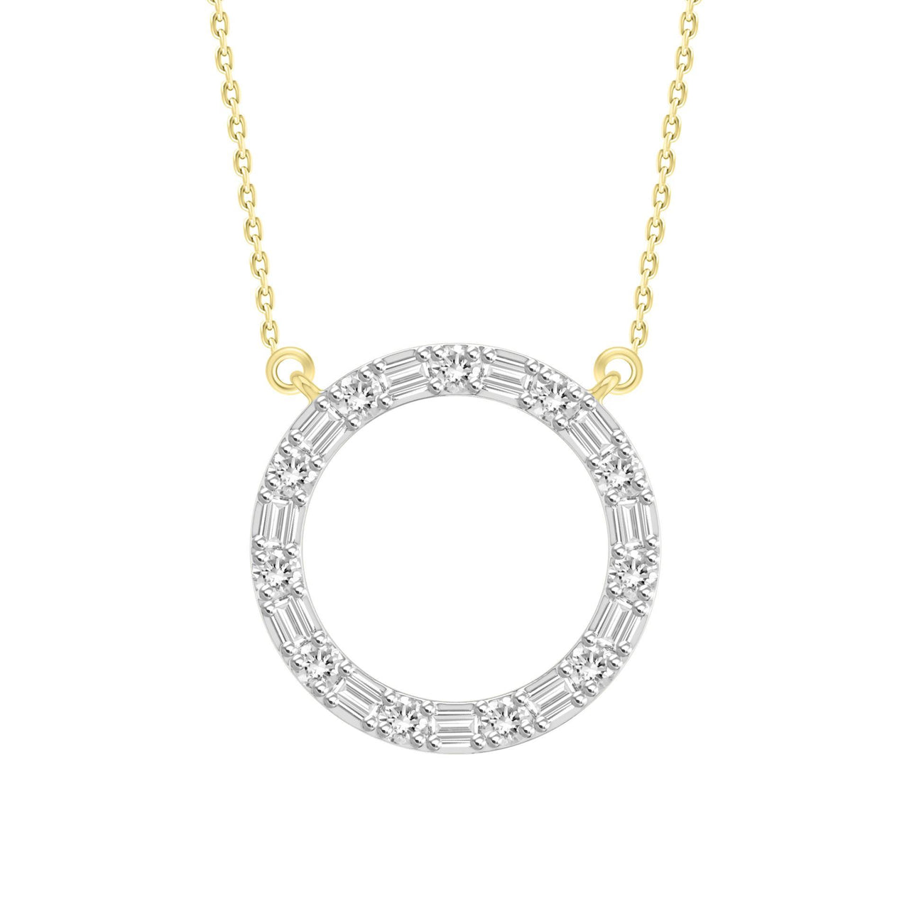 LADIES NECKLACE 1/5 CT ROUND/BAGUETTE DIAMOND 10K YELLOW GOLD