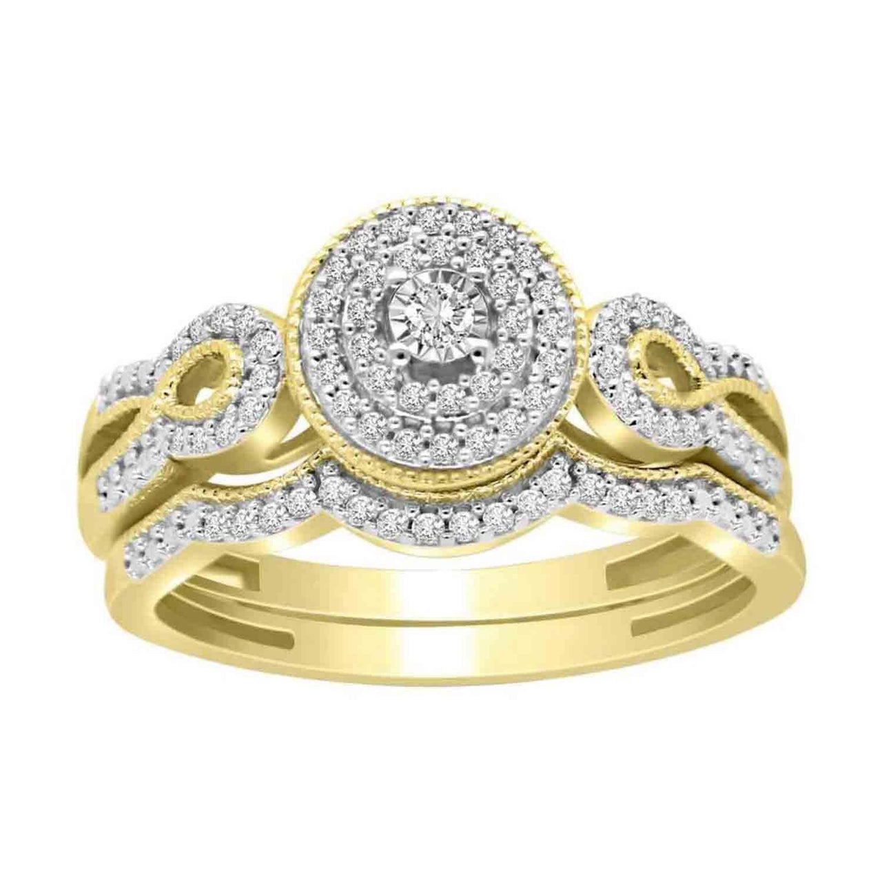 LADIES BRIDAL RING SET 1/4 CT ROUND DIAMOND 10K YELLOW GOLD