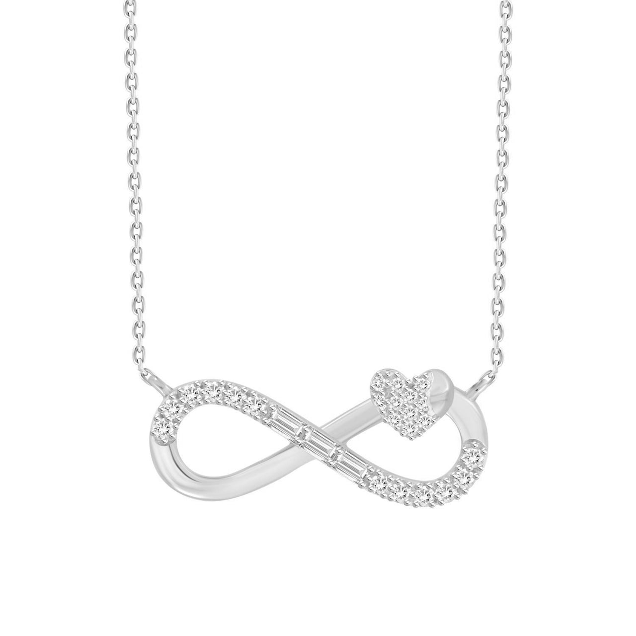 LADIES DIAMOND NECKLACE 1/6 CT ROUND/BAGUETTE DIAMOND 10K WHITE GOLD