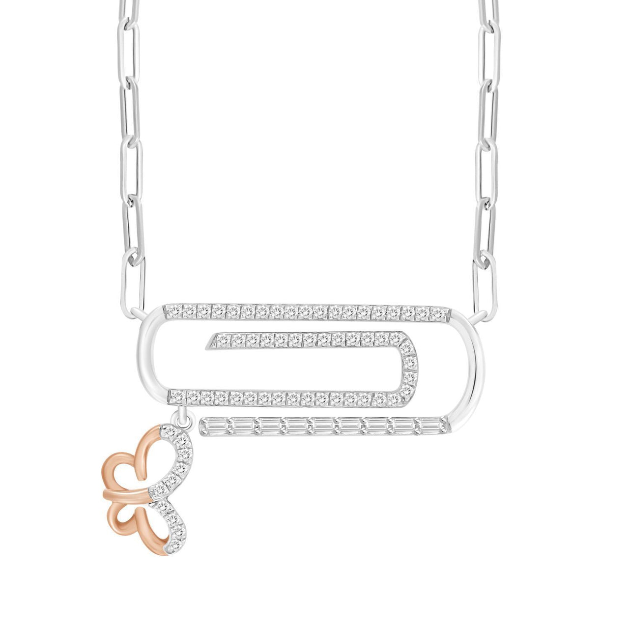 LADIES DIAMOND NECKLACE 1/4 CT ROUND/BAGUETTE DIAMOND 10K WHITE/ROSE GOLD
