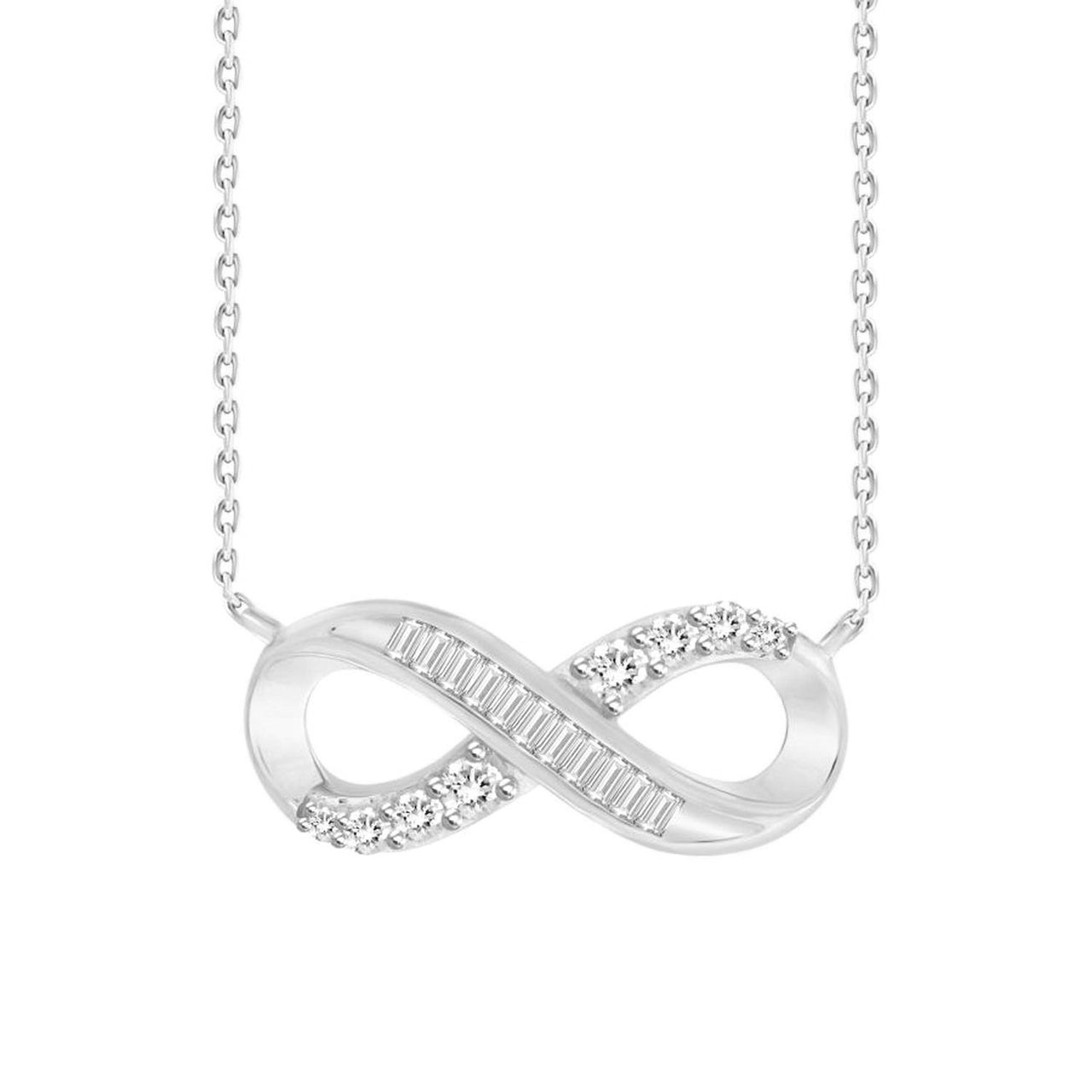 LADIES DIAMOND NECKLACE 1/4 CT ROUND/BAGUETTE DIAMOND 10K WHITE GOLD