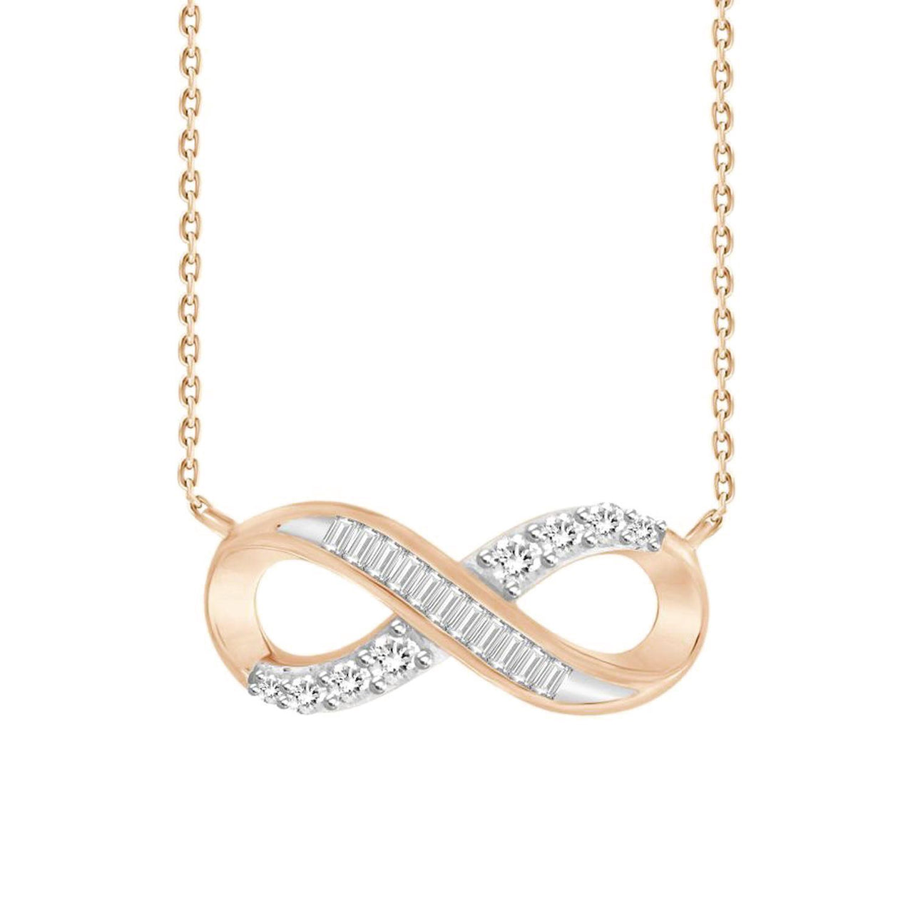 LADIES DIAMOND NECKLACE 1/4 CT ROUND/BAGUETTE DIAMOND 10K ROSE GOLD