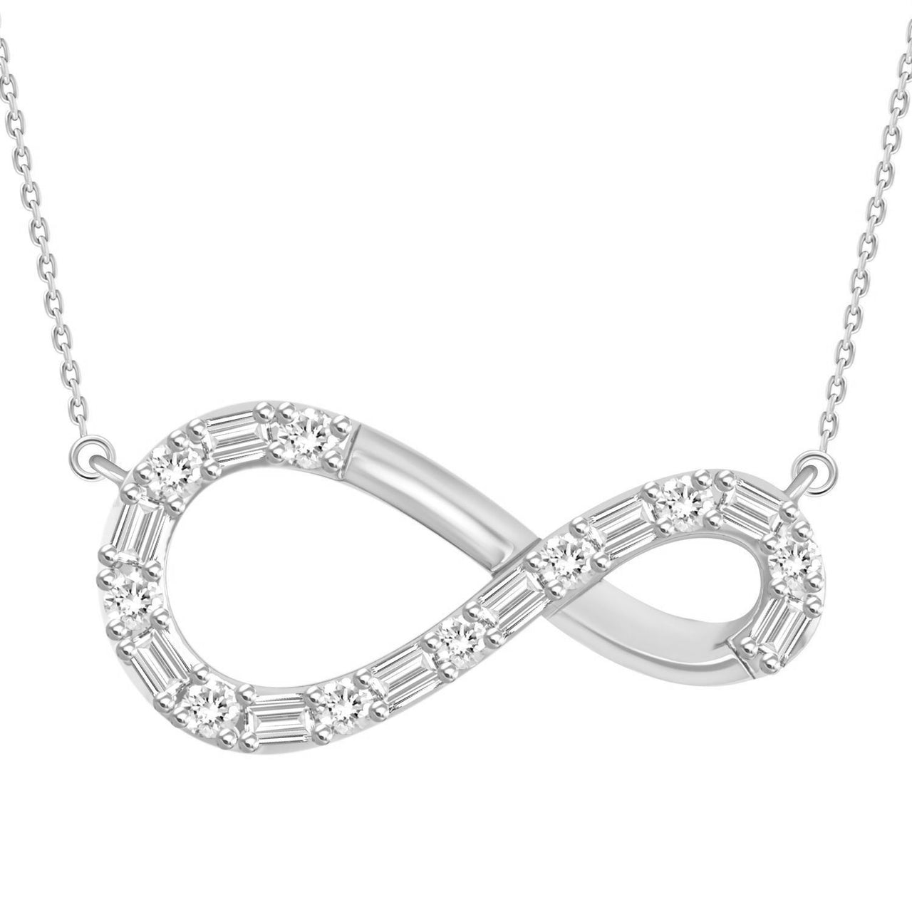 LADIES DIAMOND NECKLACE 1/3 CT ROUND/BAGUETTE DIAMOND 10K WHITE GOLD