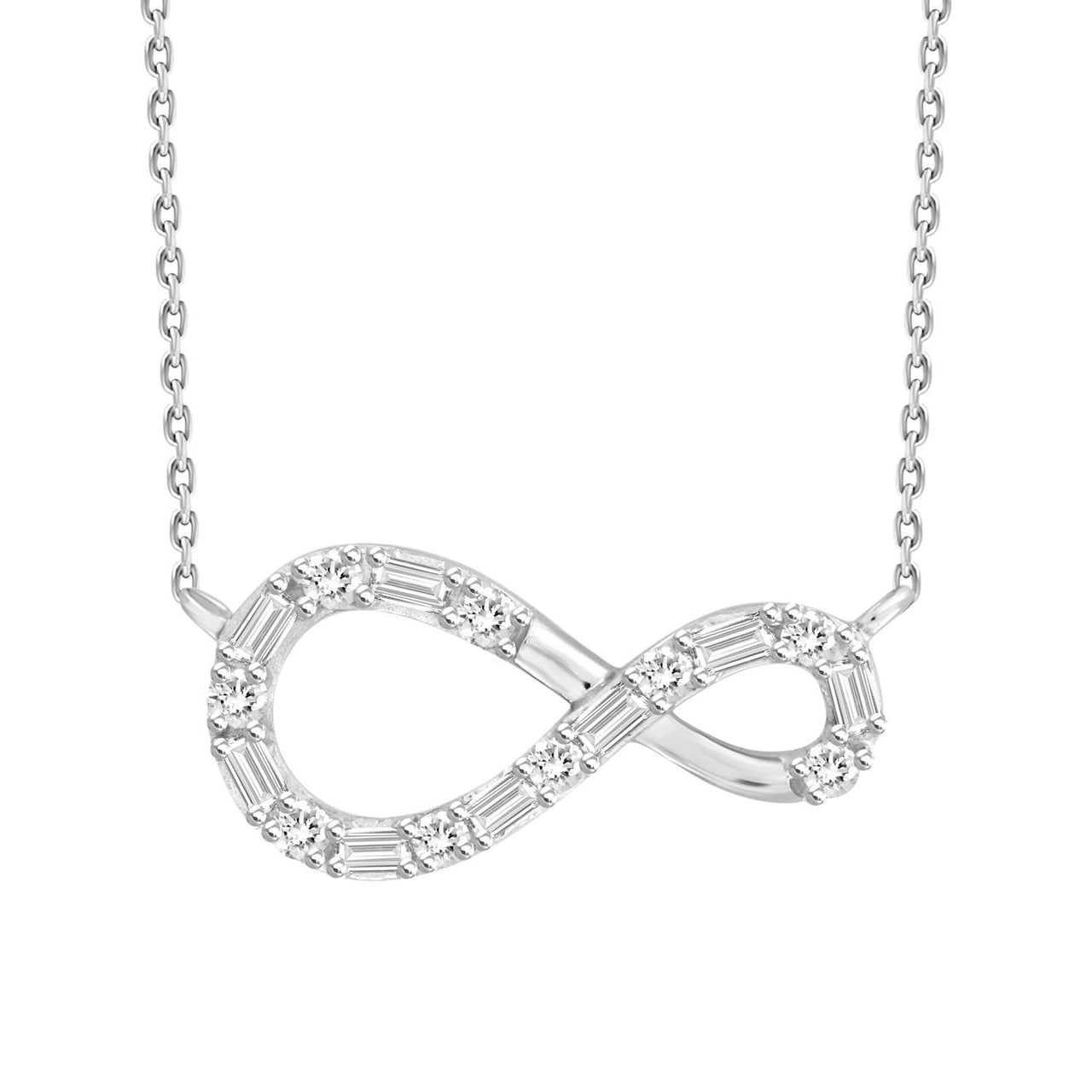LADIES DIAMOND NECKLACE 1/10 CT ROUND/BAGUETTE DIAMOND 10K WHITE GOLD