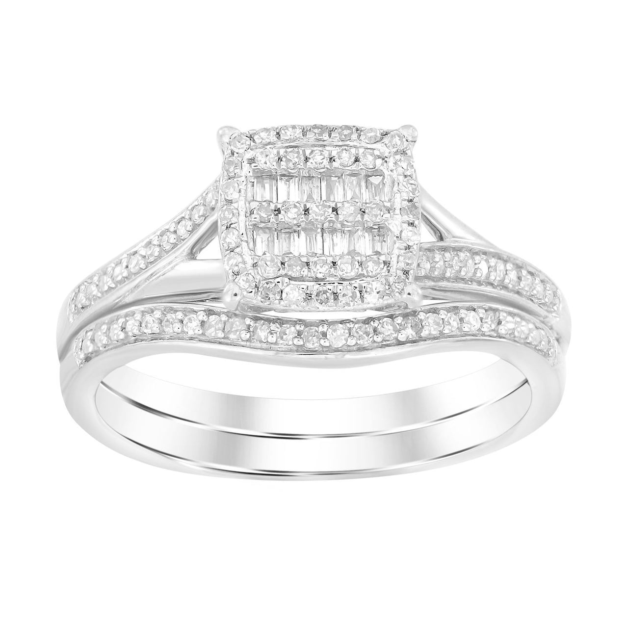 LADIES BRIDAL RING SET 1/4 CT ROUND/BAGUETTE DIAMOND 10K WHITE GOLD